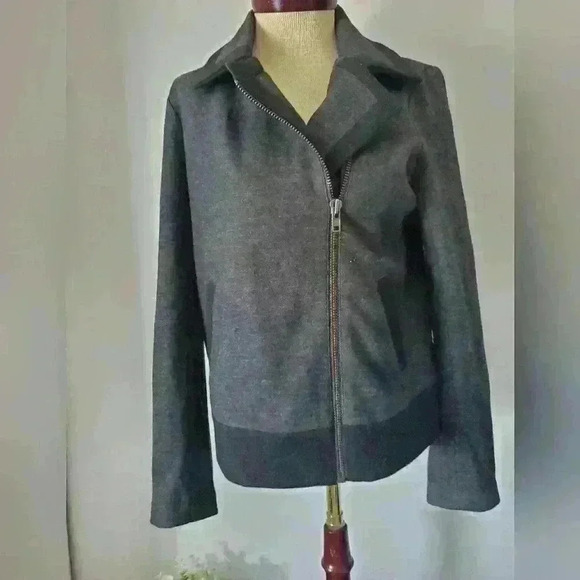J  Crew Size 8 Dark Charcoal Grey Black Wool Blend Moto Jacket Coat Pockets - Picture 3 of 7